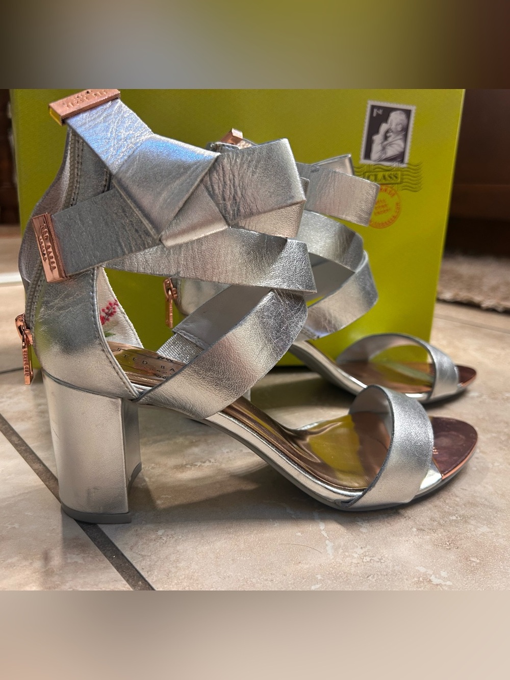 Ted Baker NWT Metallic Silver Strappy Block Heel Sandals – size 38